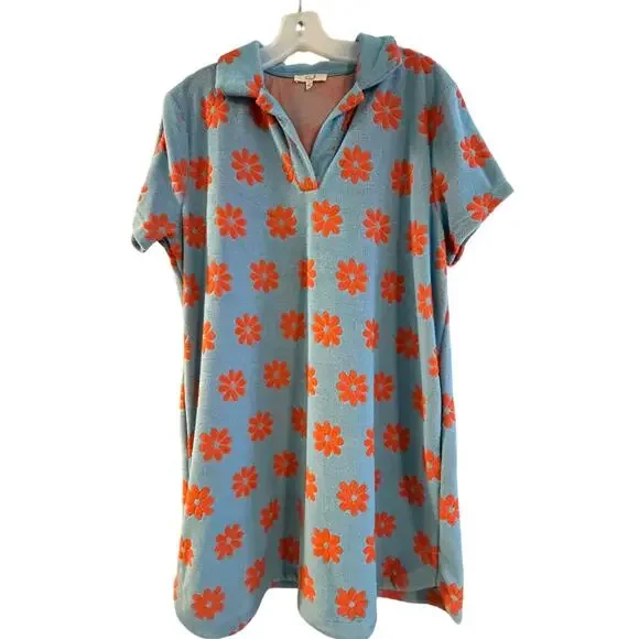 NWOT Easel Blue/Orange Daisy Floral Print Mini Dress Size LARGE - Picture 1 of 5